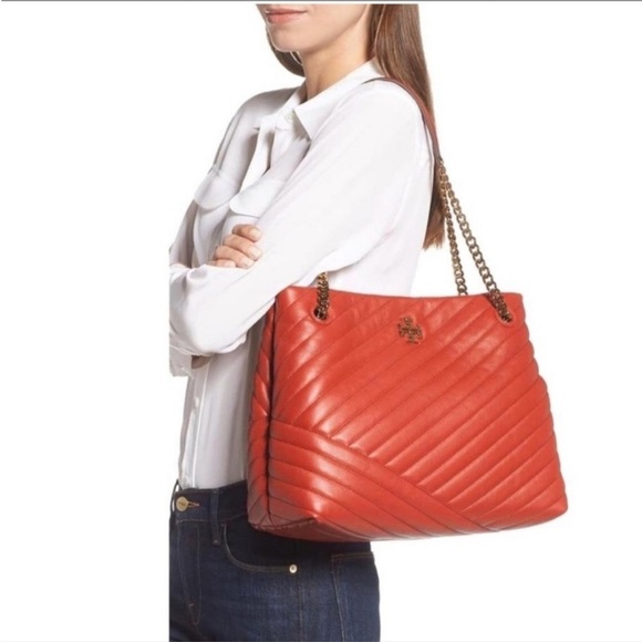 RARE Tory Burch Kira Chevron Tote Red Quilted Lambskin Gold Chain Straps - Picture 17 of 17